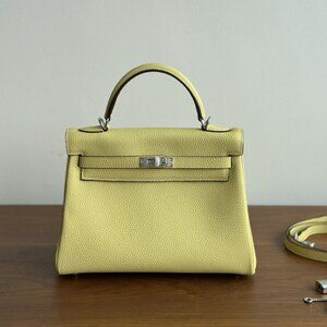 yellow  25 Leather Touch Bag w/ Silver HW Lock Key Satchel